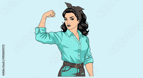 Determined Woman with Headband Flexing Bicep in Retro Comic Style Conveying Strength and Empowerment for Womens Rights or Workforce Campaigns