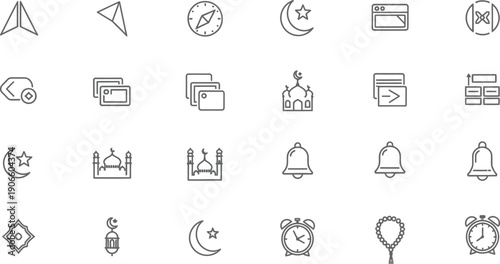 Islamic Icons Collection: Mosques, Prayer, Finance, Time, and Navigation Symbols