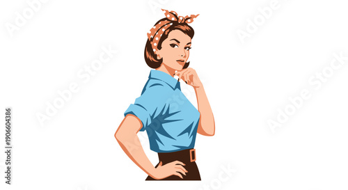 Retro Woman with Bandana and Blue Shirt Confident Pose Vintage Style Thinking Gesture Inspired by 1940s Propaganda Artwork for Strong Women