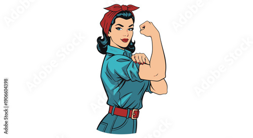 Retro Pop Art Woman with Red Bandana Flexing Strong Arm Symbolizing Female Power and Empowerment Vintage Strength Pose