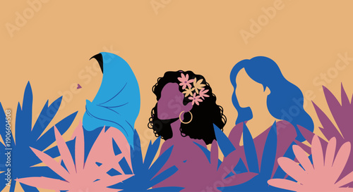 Diverse Women of Color and a Woman in Hijab Depicted in a Vibrant Modern Abstract Style Surrounded by Lush Stylized Foliage and Organic Shapes Representing Unity Strength and Empowerment