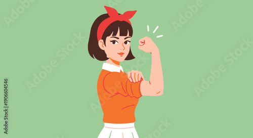 Young Woman in Vintage Bandana Flexes Arm with Determination and Strength Celebrating Female Empowerment and Resilience