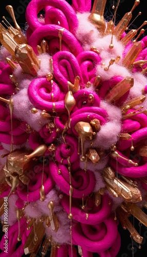 Abstract 3D Art Composition Featuring Hot Pink Swirls, Soft Pink Textures, and Dripping Gold Elements Against a Black Background