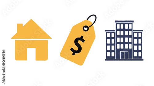 House icon with price tag and building illustration for real estate concept