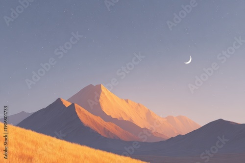 A mountain range with a moon in the sky