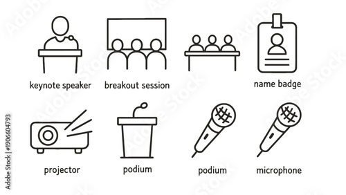 A set of icons for a conference presentation with a keynote speaker and microphone