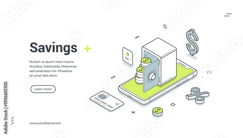 Savings web banner. Isometric template for a landing page about mobile banking. Vector illustration shows a smartphone with a safe and coins. For online financial services and personal investment
