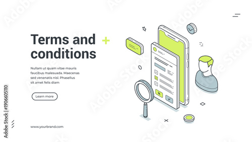 Terms and conditions web banner. Isometric vector illustration of a smartphone with a user agreement document. Modern template for a landing page about privacy policy and legal rules for users