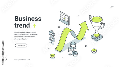 Business trend web banner. Isometric template for a landing page on financial growth. Vector illustration with rising arrow graph, trophy, coins. For market success and investment analysis