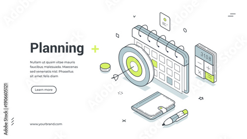 Planning web banner. Isometric template for a landing page on business strategy. Vector illustration with a calendar, target, and calculator. For concepts of management and goal setting