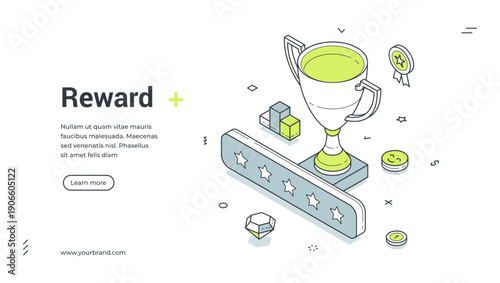 Reward web banner. Isometric template for a landing page on loyalty programs. Vector illustration with a winner's cup, medal, and stars. For concepts of achievement, success, and victory