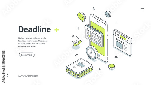 Deadline web banner. Isometric template for a landing page on time management. Vector illustration with smartphone, calendar, and clock. For project planning and task reminder applications