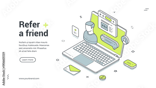 Refer a friend web banner. Isometric template for a landing page on affiliate marketing. Vector illustration with a laptop, user profile, and ads. For customer loyalty and bonus program concepts