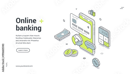Online banking web banner. Isometric template for a landing page on mobile finance. Vector illustration with a smartphone and credit card for digital payment and fintech concepts