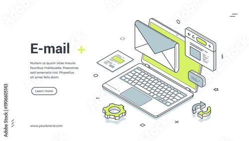 E-mail service web banner. Isometric template for a landing page on digital communication. Vector illustration with a laptop and envelope for online marketing and newsletter concepts