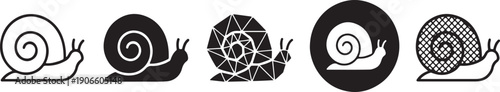 A collection of five distinct black and white snail icons displayed in a row, each with varying levels of detail and style.