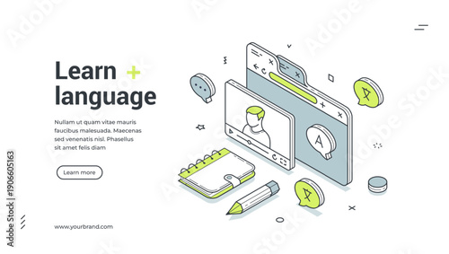 Learn language web banner. Isometric template for a landing page on online education. Vector illustration with a video lesson for e-learning and distance courses
