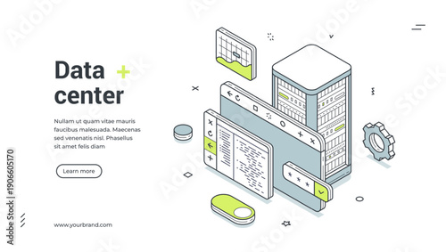Data center web banner. Isometric template for a landing page on hosting and cloud storage. Vector illustration with server rack, database administration and information security