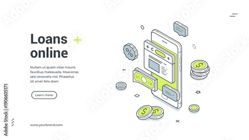 Loans online web banner. Isometric template for a landing page on mobile banking and credit service. Vector illustration with smartphone, money, and coins for fast finance