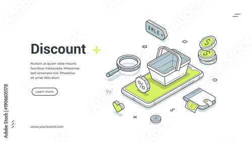 Discount web banner. Isometric template for a landing page on mobile shopping and sales. Vector illustration with smartphone, basket, wallet for retail promotion and customer loyalty