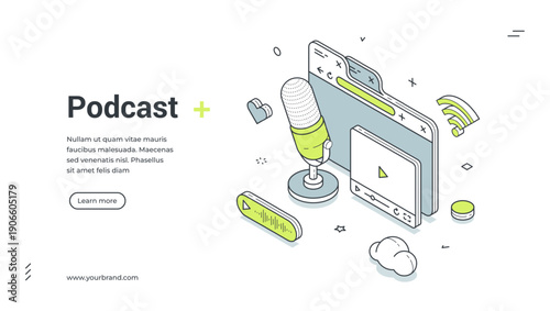 Podcast web banner. Isometric template for a landing page on audio streaming and broadcasting. Vector illustration with microphone, browser, player for online radio and media content