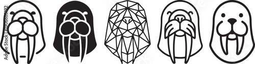 A set of five minimalist black and white line art icons depicting arctic walrus heads in various styles