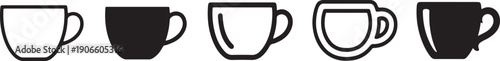 A horizontal arrangement of five alternating black and white line art icons of coffee or tea cups