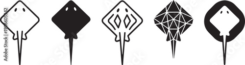 Monochrome stingray icons set featuring five different designs for marine biology and ocean life themes