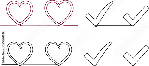 Continuous line art hearts and check marks in red and black colors