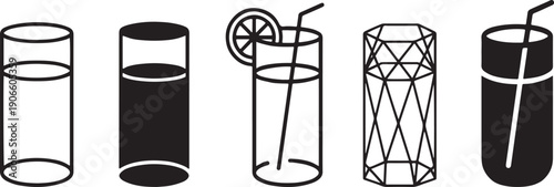 A set of five black and white icons illustrating different types of drinks and glasses, from empty to full