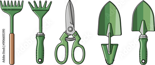 Set of Green Gardening and Farming Tools Vector Illustration