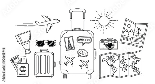 Travel Essentials Collection with Suitcase Airplane Sunglasses and Map.
