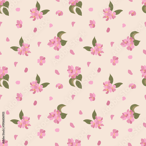 A delicate seamless pattern of sakura cherry blossoms and leaves on a soft cream or beige background. Minimalist and elegant flat design perfect for wedding stationery, spring branding, and sophistica