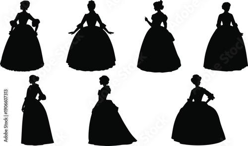 victorian, women, silhouette, vintage, fashion, dress, elegant, historical, lady, gown, classic, retro, isolated, illustration, costume, character, style, aristocratic, collection, design