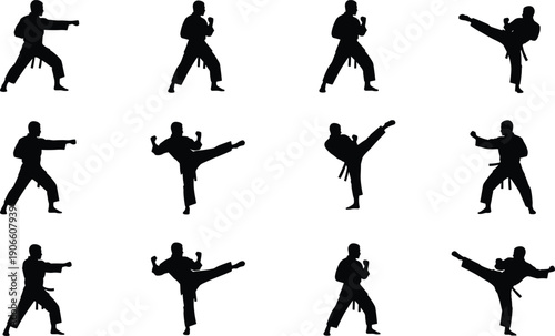 Set of Martial Arts Silhouette Vector Illustrations Featuring Karate and Taekwondo Fighters in Kicking, Punching, and Combat Stances