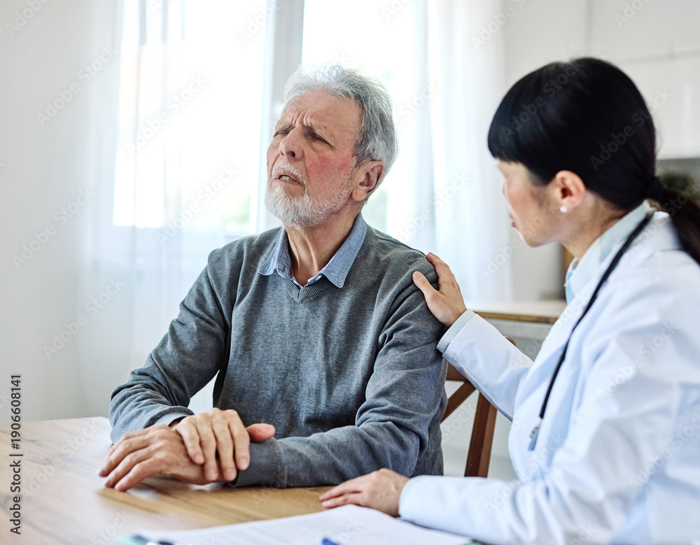 Obraz premium Portrait of a female doctor and senior man patient with a headache at her doctor's office in clinic