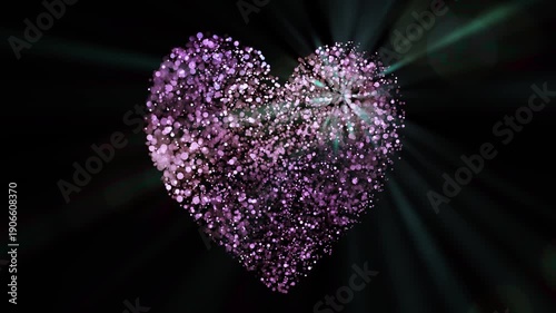 Valentine heart made of points of light.
A vibrant, three-dimensional heart shape formed by numerous tiny, sparkling particles.