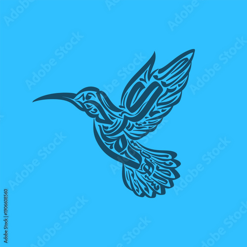 A stylized illustration of a hummingbird in flight on blue