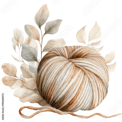 Ball of yarn with delicate leaves, isolated PNG on transparent background; soft hand-drawn style, concept of crafting and coziness, ideal for DIY, knitting brands, packaging, cards and design mockups