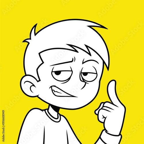 Smug cartoon character pointing finger up with skeptical expression