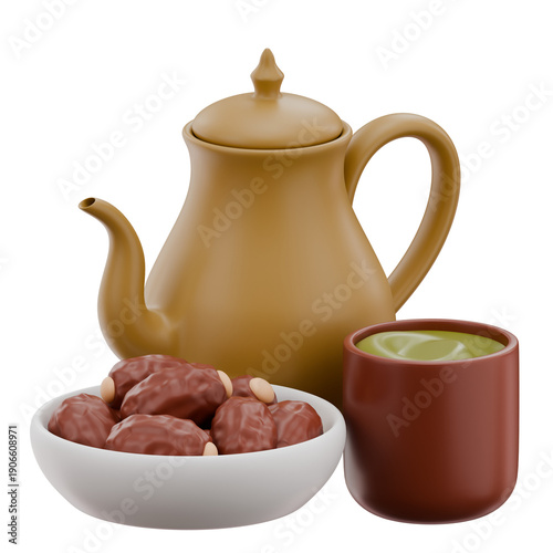 Golden teapot, brown dates, and green tea create an Eid al-Fitr still life with transparent backdrop, celebrating the end of Ramadan with traditional food and drink.