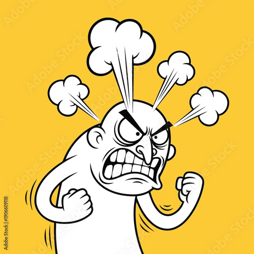 Angry cartoon man blowing steam from ears with clenched fists in rage