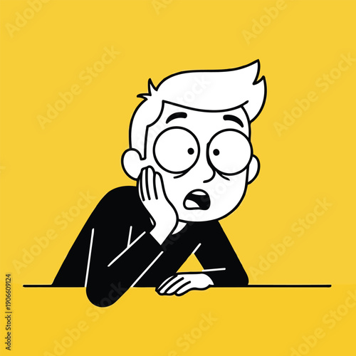 Bored cartoon man leaning on hand feeling tired and exhausted