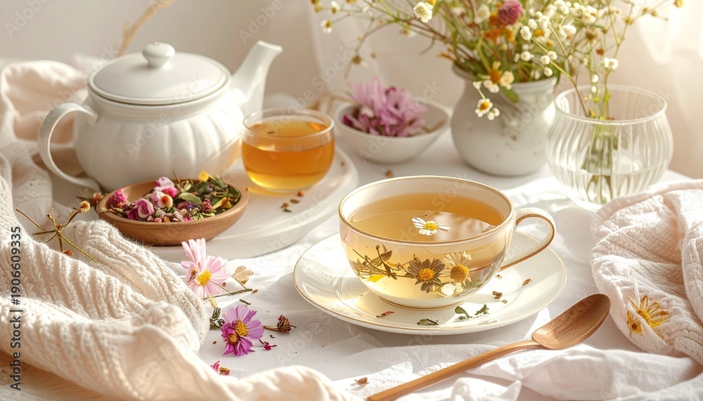 Fototapeta premium Pregnancy Self-Care Concept, Herbal Tea and Comfort Items