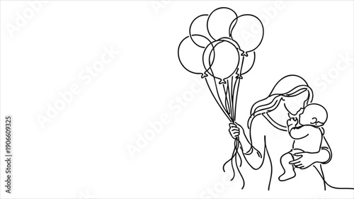 Continuous Line Drawing Mother Holding Baby with Balloons, Motherhood and Family Love Concept, One Line Art Vector Illustration