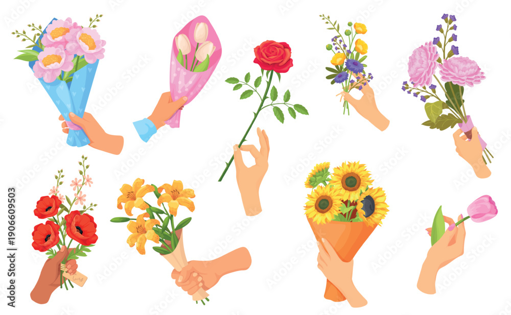 Fototapeta premium Hands hold bouquet. Hand giving flowers bouquets, arm holding garden flower wildflowers bunch romantic gift wedding valentine woman day rose stem present, neat vector illustration
