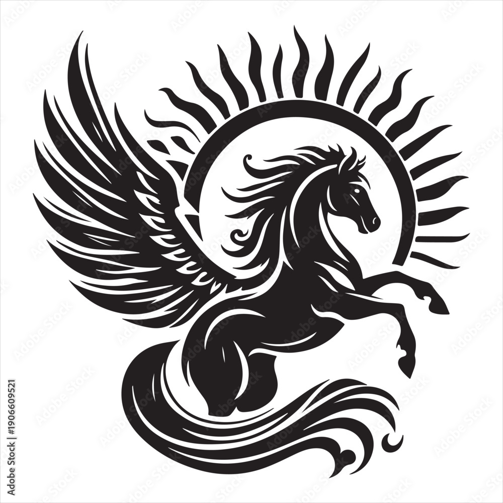 Fototapeta premium Black Silhouette Pegasus with Sunburst Design