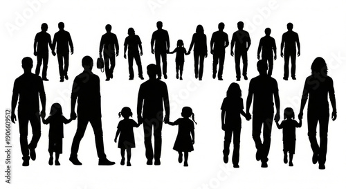 Black silhouettes of a diverse group of people walking together, showing men, women, and children as a unified crowd