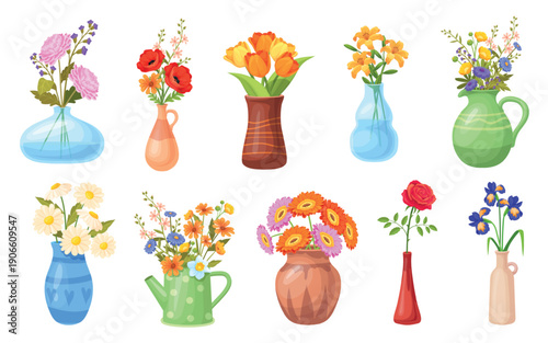 Cartoon bouquet in vases. Spring field flowers in glass jug or ceramic vase, fresh garden flower stem cute wildflowers bunch blossom tulips iris lilly set neat vector illustration