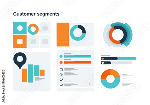 Visualizing customer segments and market data. Digital illustration with charts, graphs, infographics for business analytics.